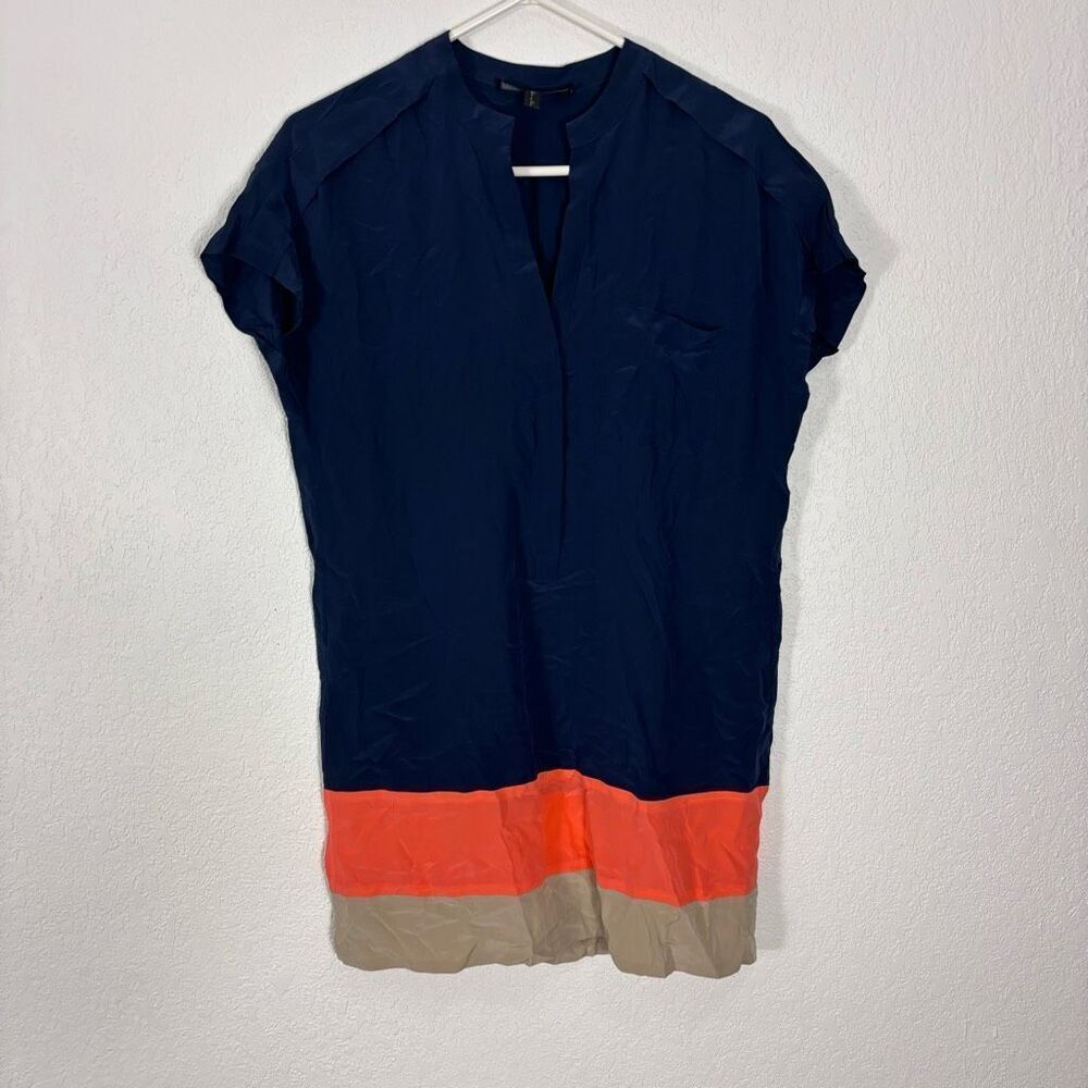 BCBGMaxazria Blue with Orange and Tan Colorblock Short Sleeve Silk Shirt Dress